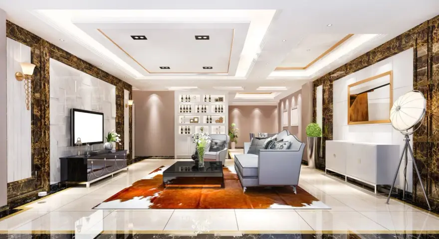 Elegancki salon w stylu art deco z marmurowymi akcentami, wygodną sofą i designerskim oświetleniem.