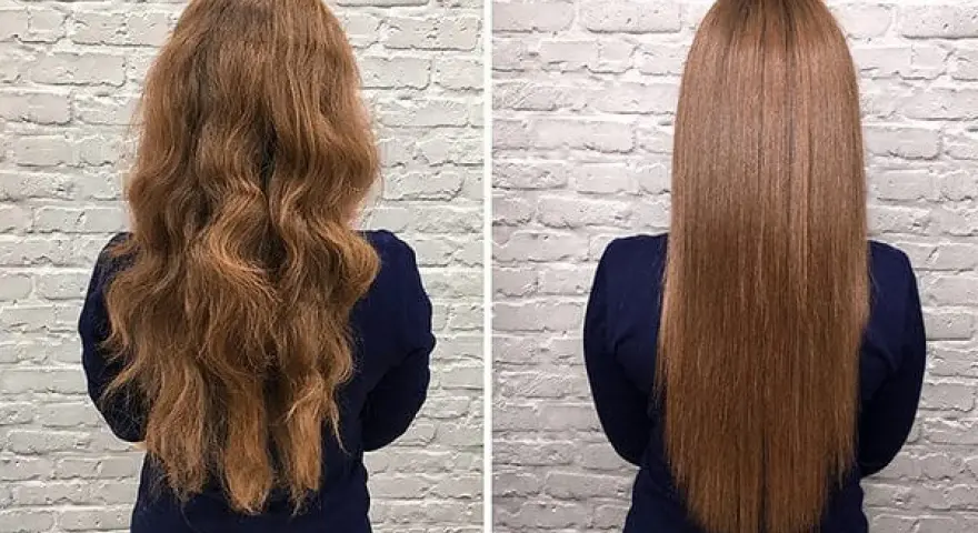 Antes y después de nanoplastia pelo: cabello rizado y voluminoso se transforma en liso y sedoso.