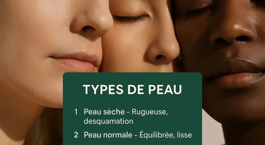 Trois visages aux teints variés se rapprochent. Une carte indique comment **connaître son type de peau** : sèche, normale ou grasse.