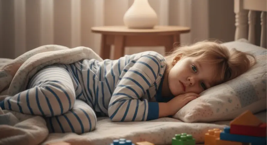 Mała dziewczynka w piżamie leży na łóżku, zamyślona. Jej wyraz twarzy sugeruje **zaburzenia snu u dzieci**, trudności z zaśnięciem mimo otaczających ją zabawek.