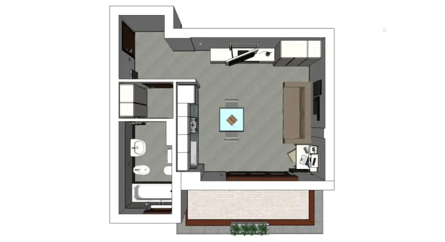 Pianta progetto casa 35 mq: bagno, cucina a vista, soggiorno con divano e tavolo, e un'area esterna pavimentata.