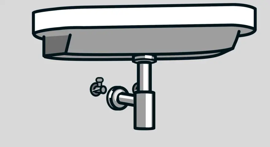 Illustration visar hur man monterar handfat med synlig vattenlås och avloppsrör.