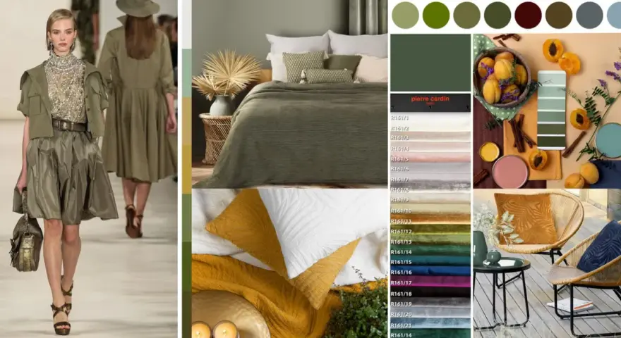 Inspiracje kolorystyczne: jaki kolor pasuje do khaki? Od mody po wnętrza, paleta barw z brzoskwiniami, zielenią i złotem.