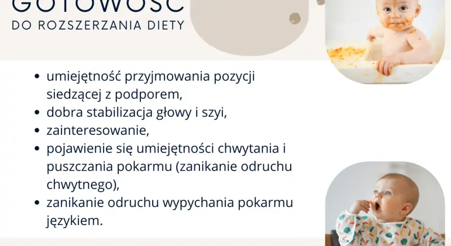 6 miesięczne dziecko gotowe na rozszerzanie diety. Siedzi, stabilizuje główkę, interesuje się jedzeniem i zaczyna łapać pokarm.
