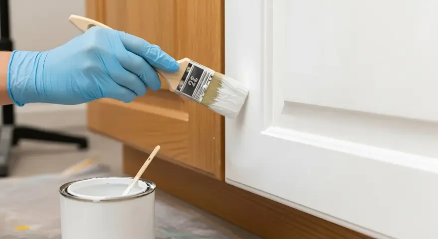 Mano con guanto blu dipinge una porta bianca con pennello. La pittura diluita è pronta per l'uso.