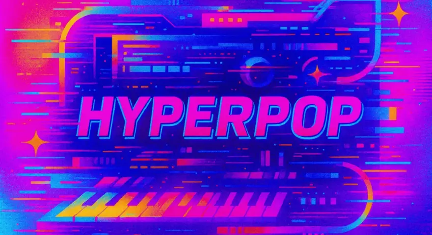 Neonowe klawisze i tekst "HYPERPOP" na tle cyfrowego szumu. To właśnie jest hyperpop – muzyka przyszłości, pełna energii i koloru.