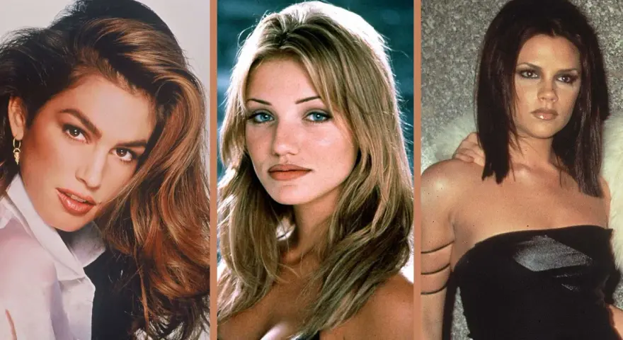 Icone degli anni '90: Cindy Crawford, Cameron Diaz e Victoria Beckham con il loro iconico trucco.