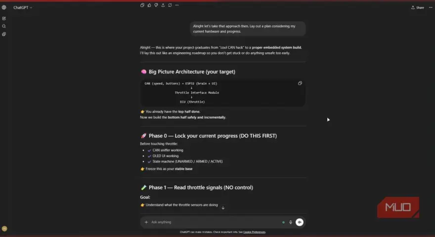 ChatGPT outlines an ESP32 project roadmap, starting with CAN bus integration and throttle signal reading.