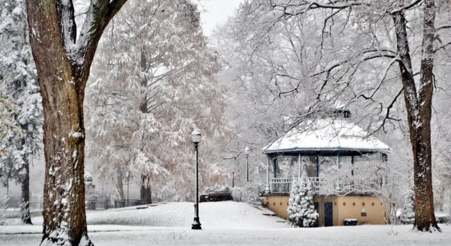 Zimowy park w Polanicy-Zdroju. Altana i drzewa pokryte śniegiem, tworzące magiczny krajobraz. Idealne polanica-zdrój atrakcje zimą.
