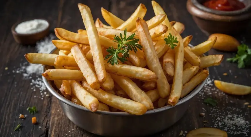 Goldgelbe, knusprige Pommes in einer Schüssel, perfekt zum Pommes selbst machen. Dazu Ketchup und eine Dip-Schale.