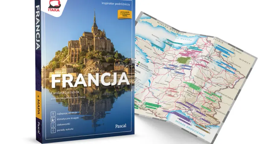 Przewodnik po Francji z mapą, przedstawiający Mont Saint-Michel i mapę kraju.