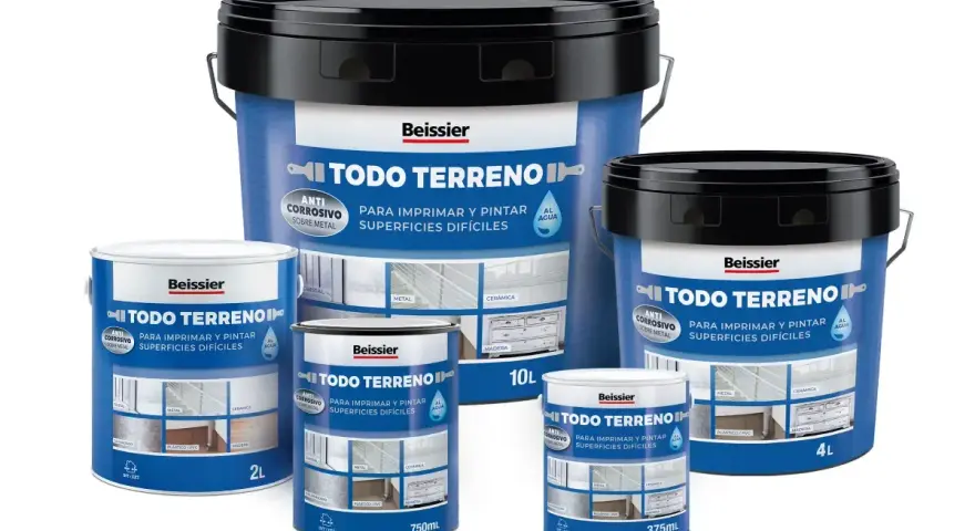 Latas de pintura Beissier Todo Terreno, ideal para imprimar y pintar superficies difíciles, incluyendo plástico/PVC.