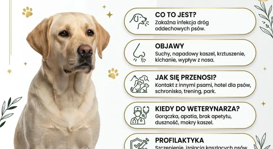 Labrador z objawami kaszlu kenelowego u psa: suchy kaszel, kichanie, gorączka. Informacje o przyczynach, objawach i profilaktyce.
