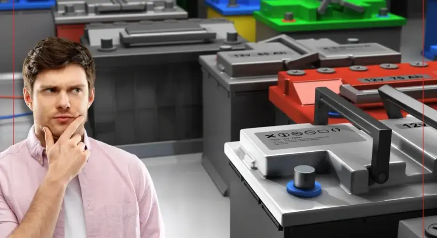 Uomo pensieroso davanti a diverse batterie per auto, cercando di capire che batteria monta la mia auto.