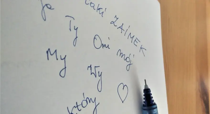 Na kartce zapisano: "Ja", "Ty", "My", "Wy", "którý", "Omi", "mój", "taki ZAIMEK". To przykłady zaimków, czyli części mowy.