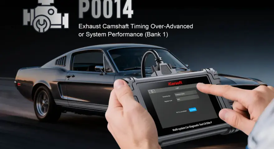 A hand uses an iCarsoft diagnostic tool to address the P0014 code, indicating exhaust camshaft timing over-advanced or system performance issues on Bank 1, with a classic car in the background.
