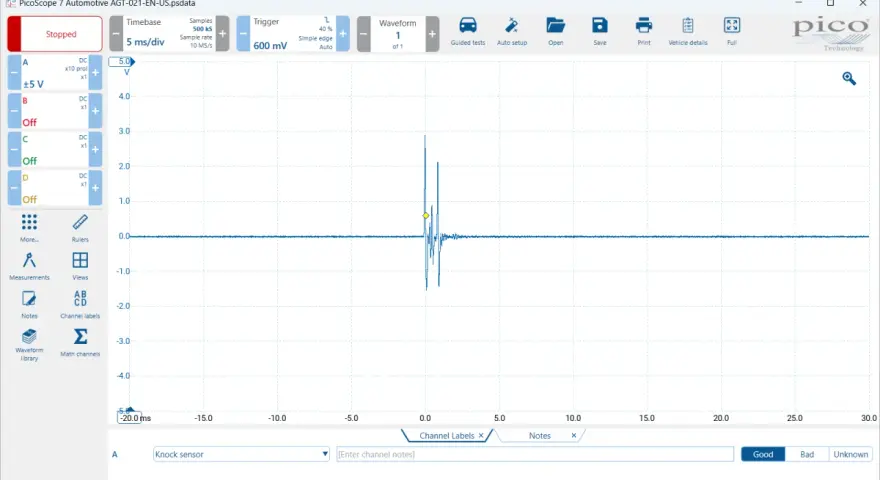 PicoScope-Diagramm zeigt die Klopfsensor Funktion mit einer deutlichen Signalspitze, die auf Klopfen hinweist.