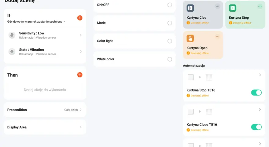 Konfiguracja automatyzacji w aplikacji tuya: dodawanie scenariuszy i akcji dla inteligentnych zasłon.