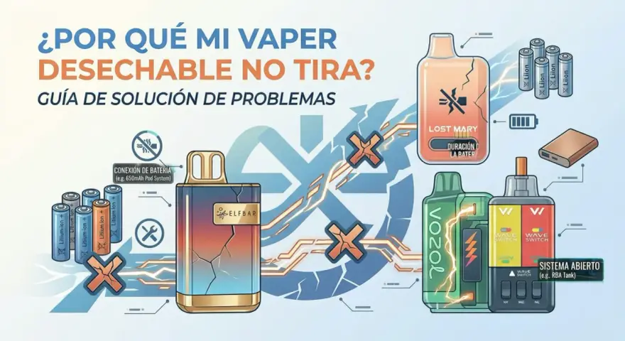 Ilustración sobre por qué un vaper desechable es malo, mostrando problemas de batería y componentes.