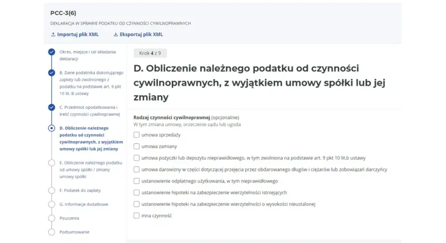 PCC-3(6): D. Obliczenie należnego podatku od czynności cywilnoprawnych, z wyjątkiem umowy spółki lub jej zmiany. Wybór rodzaju czynności.