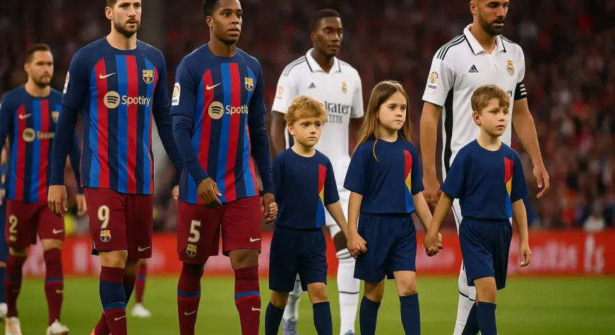 Dzieci wyprowadzają piłkarzy na boisko. Mali kibice towarzyszą zawodnikom FC Barcelony i Realu Madryt, tworząc wyjątkową atmosferę przed meczem.