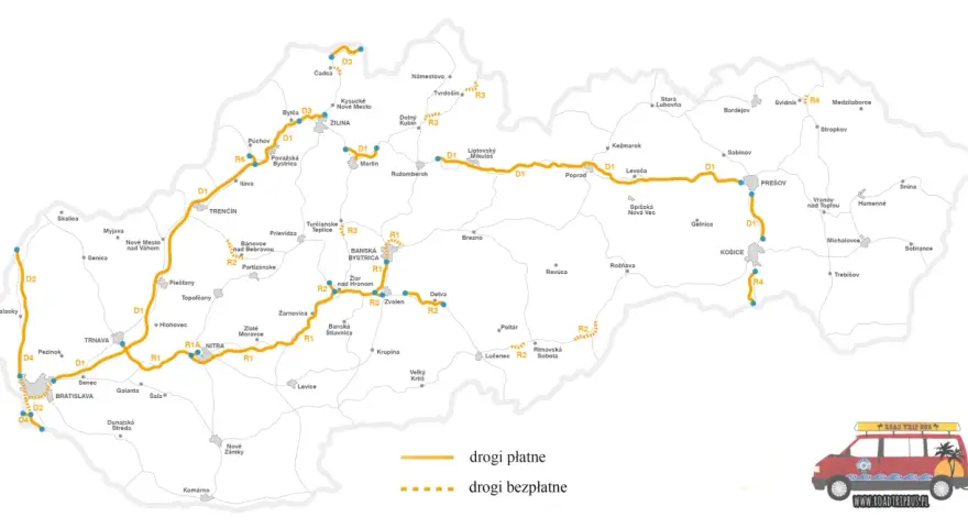 Mapa Słowacji z zaznaczonymi drogami płatnymi (pomarańczowe) i bezpłatnymi (przerywane). Winiety Słowacja to klucz do podróży po kraju.