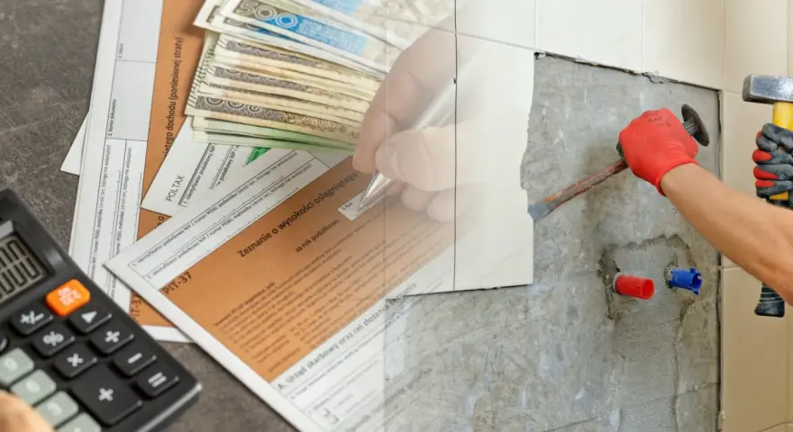 Jak odliczyć remont od podatku? PIT-37, pieniądze i narzędzia budowlane sugerują możliwość odliczenia wydatków.