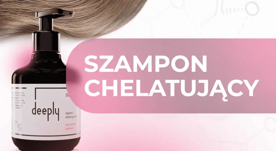 Butelka szamponu chelatującego "deeply" na tle falujących włosów. Dowiedz się, szampon chelatujący co to jest i jak działa.