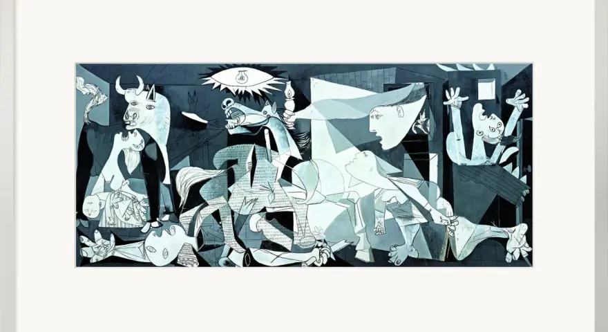 En kraftfull scen med en tjur, en häst och lidande människor, typiskt för Picasso målningar.
