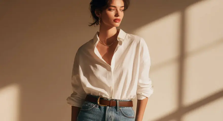 Mujer con camisa blanca arremangada y metida por dentro de sus jeans, cinturón marrón y collar dorado.