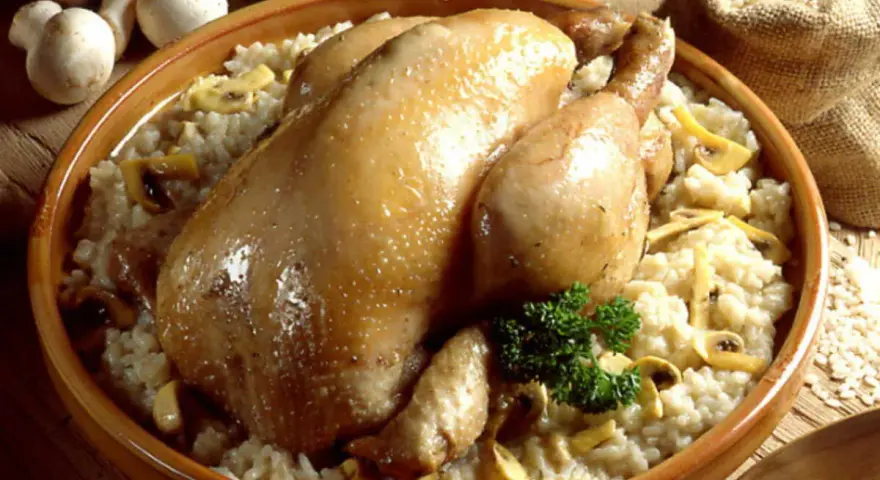 Un plat réconfortant de poule au riz crémeux, garni de champignons et d'une touche de persil frais.