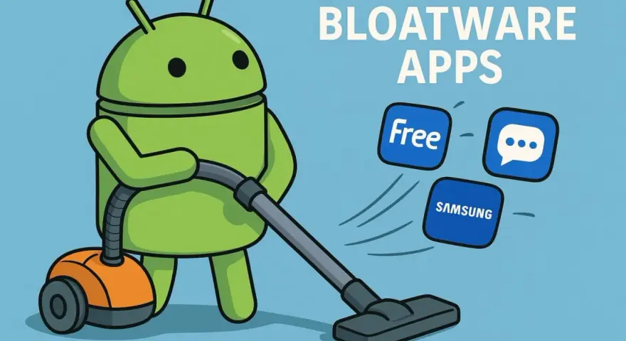 Android-Roboter saugt Bloatware-Apps wie "Free", "Samsung" und eine Chat-Blase ab.