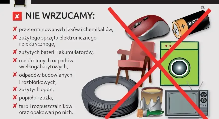 Czarny pojemnik na odpady zmieszane nie przyjmuje leków, elektroniki, baterii, mebli, opon, farb.