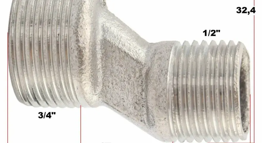 Metalowy nyplowy reduktor z gwintami 3/4" i 1/2". Wymiary: 13, 17, 15, 32,4, 45 mm. Idealny do instalacji, gdzie potrzebne są różne krzywki do baterii rozmiary.