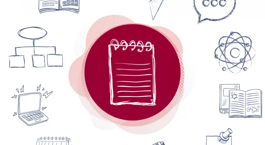 Un cuaderno, un portátil, un calendario y otros elementos gráficos que representan recursos para escritores.
