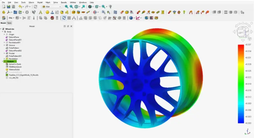 Symulacja naprężeń felgi w programie do projektowania CAD. Kolory wskazują rozkład naprężeń.