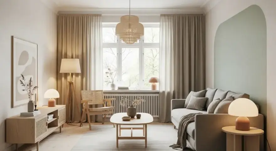 Salon lumineux avec canapé gris, fauteuil en rotin et meubles en bois clair. La **couleur lumineuse pour pièce sombre** est apportée par les lampes et la lumière naturelle.