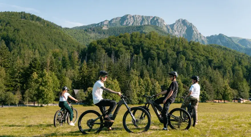 Grupa przyjaciół na rowerach górskich cieszy się pięknymi widokami Tatr. Velo Tatry to idealne miejsce na aktywny wypoczynek.