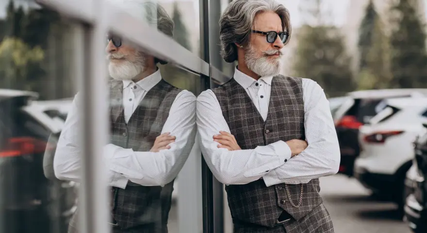 Uomo con barba bianca e occhiali da sole, indossa un elegante outfit uomo gilet a quadri, camicia bianca e pantaloni scuri.