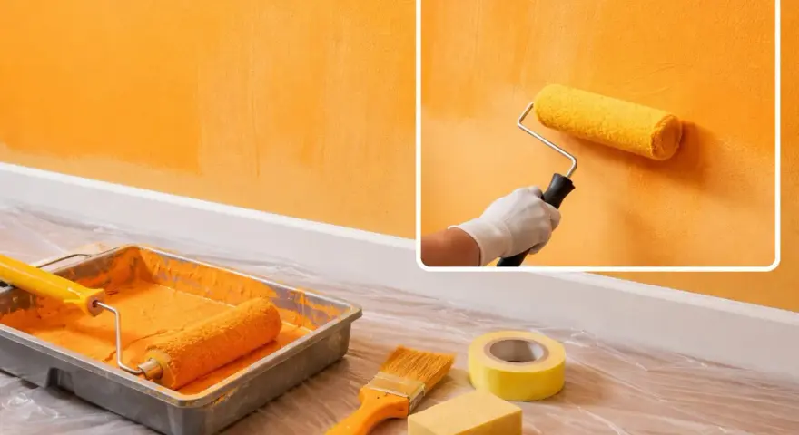 Peinture orange sur un mur, avec rouleau, bac, pinceau et ruban. La question "pourquoi mon huile mousse" pourrait être liée à la préparation de la peinture.