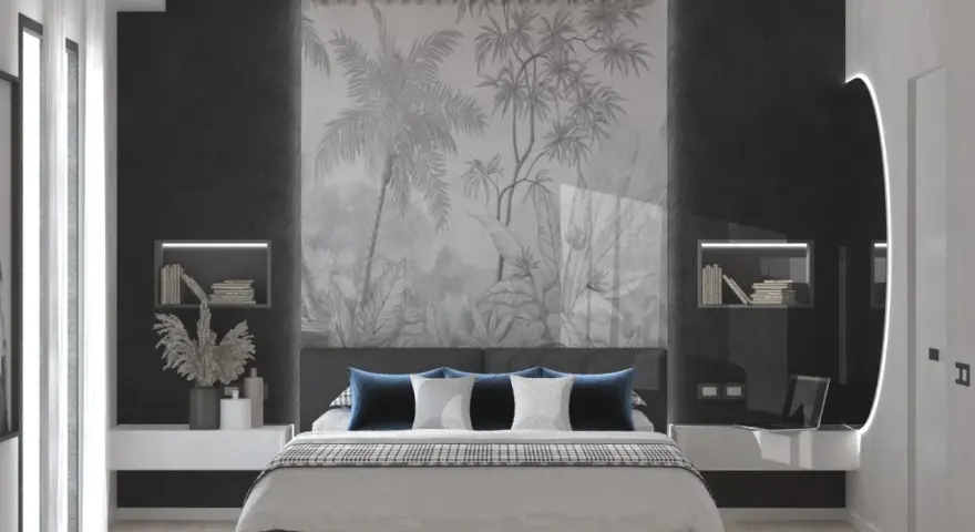 Pareti particolari dietro testata cartongesso camera da letto con un suggestivo murale tropicale.