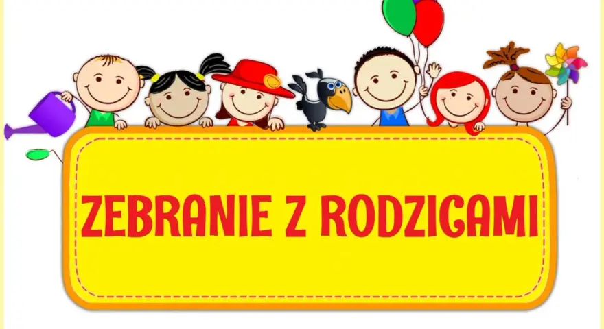 Radosne dzieci z balonami i konewką zapraszają na zebranie z rodzicami.