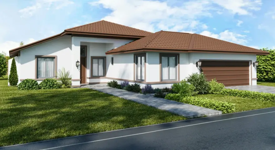 Nowoczesny bungalow z brązowym dachem i białymi ścianami, otoczony zielonym trawnikiem i krzewami.