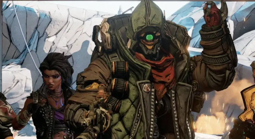 Personajes de Borderlands 3: un robot con un ojo verde y una mujer con chaleco de cuero.