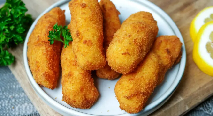 Knusprige kroketten aus kartoffelbrei, goldbraun frittiert, garniert mit Petersilie und Zitronenspalten.