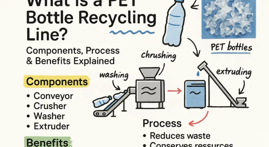 Schemat linii do recyklingu butelek PET: butelki są kruszone, myte i ekstrudowane. Proces ten jest kluczowy dla produkcji butelek plastikowych.