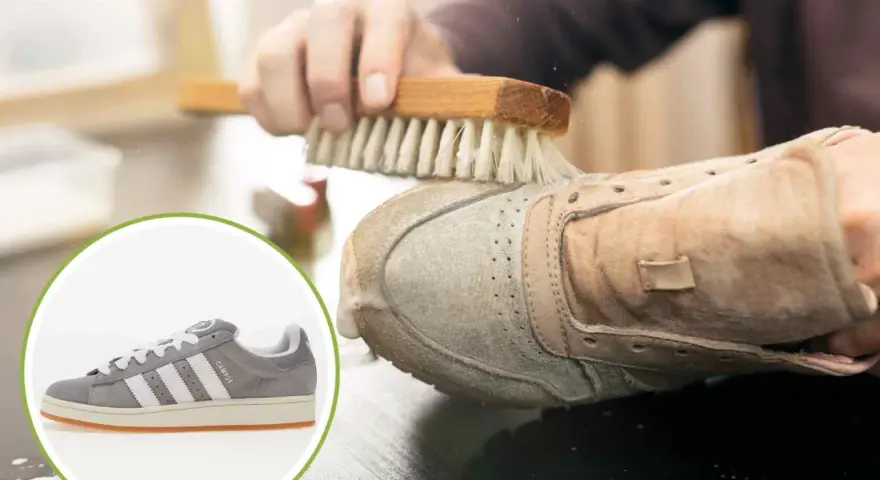 Pulizia meticolosa per lavare Adidas pelle in lavatrice. Un dettaglio mostra una scarpa Adidas grigia, mentre un'altra viene spazzolata.
