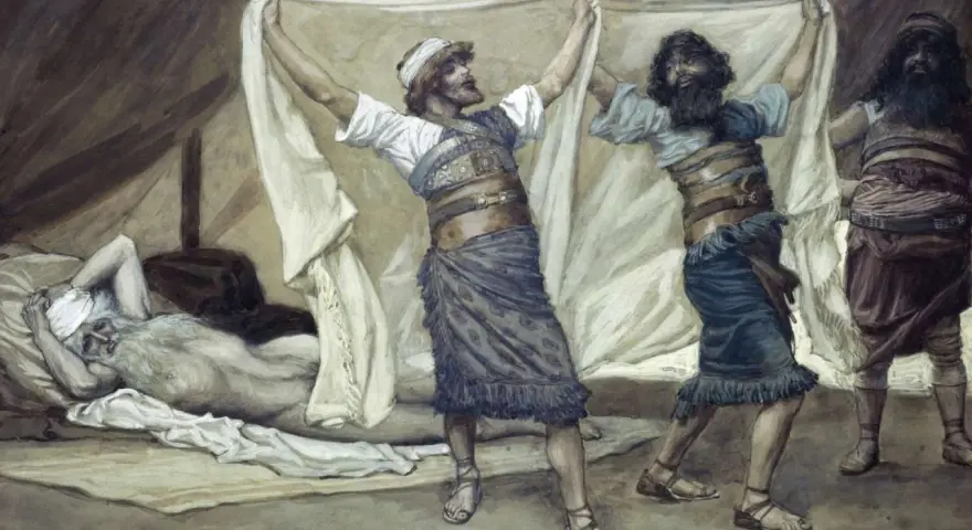 Three sons of Noah, Ham, Shem, and Japheth, cover their father with a cloth as he lies in bed.
