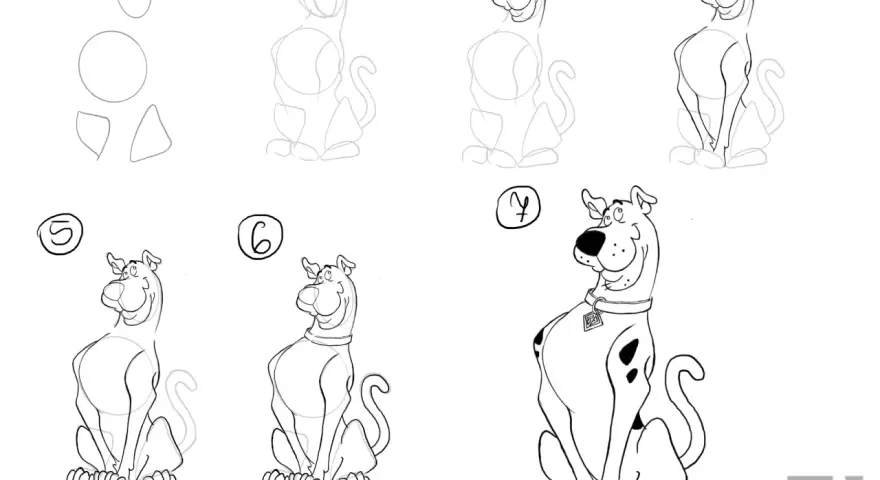 Instrukcja rysowania krok po kroku, jak narysować Scooby-Doo. To łatwe postacie do narysowania, idealne dla początkujących.