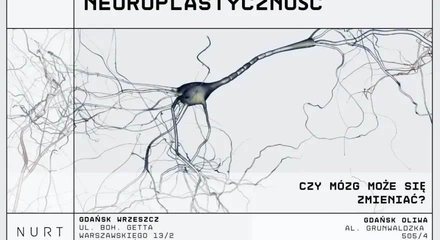 Grafika przedstawia neuron, sugerując, czy mózg to mięsień, który można kształtować. Informacje o centrum terapii.